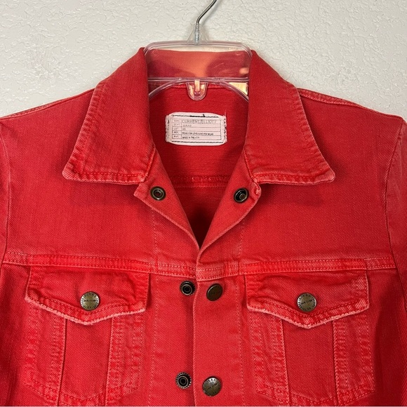 Current/Elliot Mechanic Distressed Button Front Denim Jacket in Fire Red Small - Picture 4 of 11